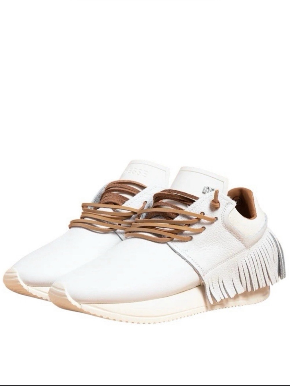 White and Tan Slip-On Sneakers with Fringe